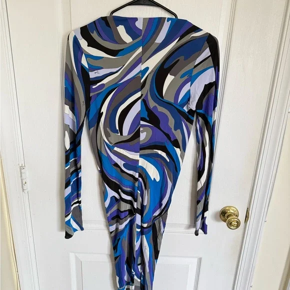 Emilio Pucci Blue & Purple Swirl Print Long Sleeve V-Neck Midi Dress